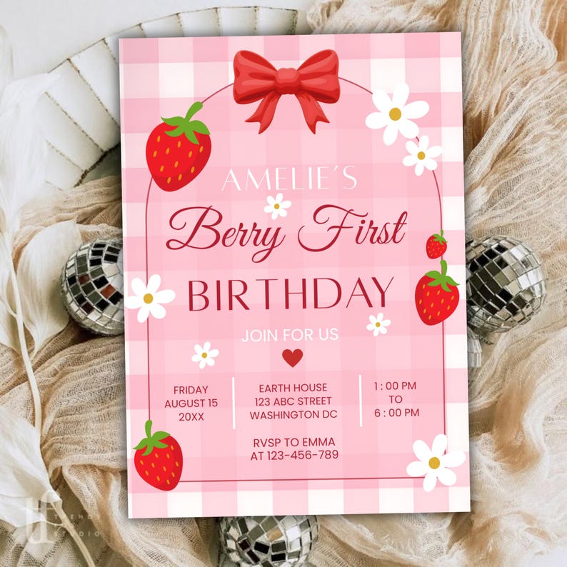 berry first birthday invitation, editable canva template, strawberry themed party invite, kids birthday invitation, digital download invite, customizable birthday flyer
