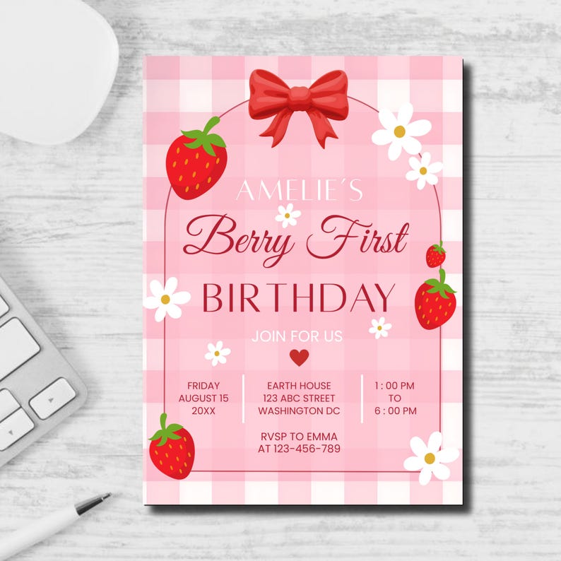 berry first birthday invitation, editable canva template, strawberry themed party invite, kids birthday invitation, digital download invite, customizable birthday flyer