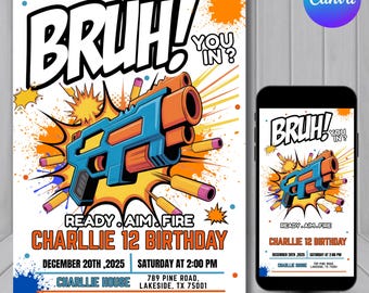 Kids Nerf Birthday Invitation Template, Birthday Nerf Party Invitations, Birthday Invitations, Kids Party Invite Template, Canva Editable