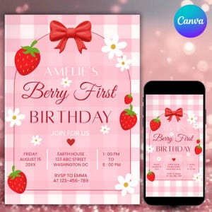 May include: A pink and white gingham-patterned invitation for a first birthday party. The invitation features a red bow, strawberries, and daisies. Text includes the name "Amelie's", "Berry First Birthday", and event details.