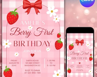 Berry First Birthday Invitation Editable Canva Template, Strawberry Themed Party Invite, Digital Download, Customizable Kids Birthday