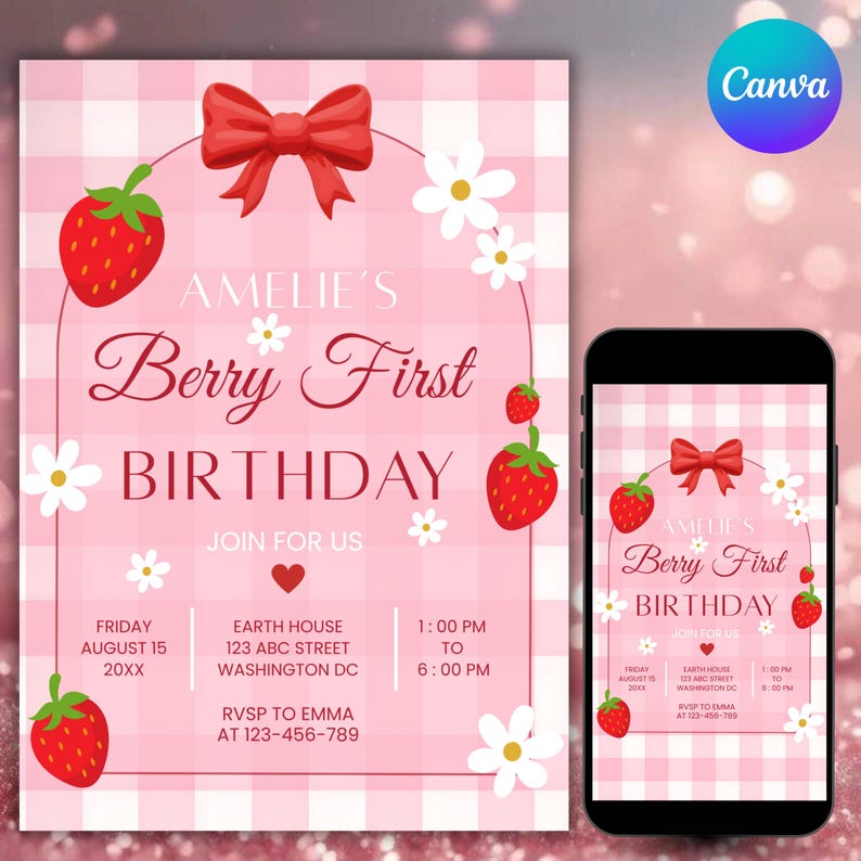 berry first birthday invitation, editable canva template, strawberry themed party invite, kids birthday invitation, digital download invite, customizable birthday flyer