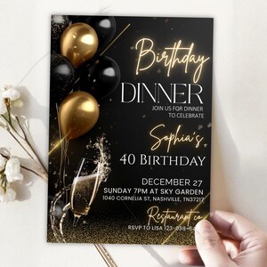 "Elegant black and gold birthday dinner invitation template, featuring a classy design with a luxurious feel, perfect for a formal celebration."