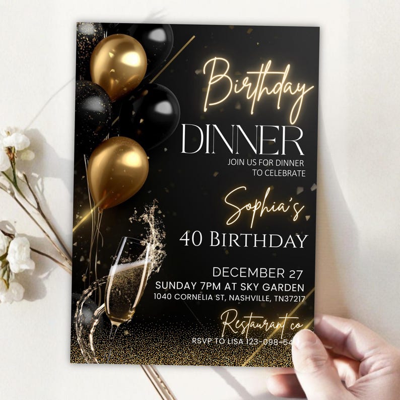 "Elegant black and gold birthday dinner invitation template, featuring a classy design with a luxurious feel, perfect for a formal celebration."
