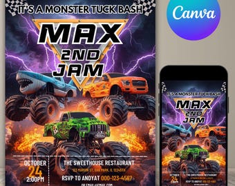 Monster Truck Invite, Editable Birthday Invitation Template, Monster Truck Party Invite, Boys Birthday Invitation, Canva Editable