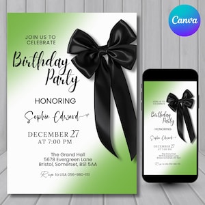 Pode incluir: Convite para festa de aniversário com um laço preto sobre um fundo verde e branco gradiente. O texto do convite inclui detalhes do evento e o nome de Sophia Edward. Um smartphone exibe o mesmo design.