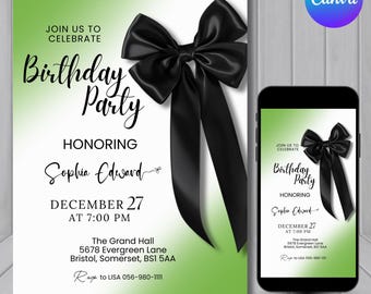 Elegant Black Ribbon Birthday Invitation – Customizable Celebration with Sophisticated Design, Perfect for a Classy Party | Instant Download