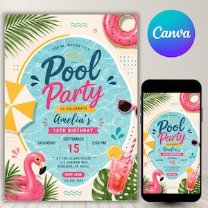 May include: A colourful pool party invitation. The design includes the words "Pool Party" and details for Amelia's 13th birthday. The invitation features a pink flamingo, sunglasses, and a refreshing drink, with a Canva logo in the corner.