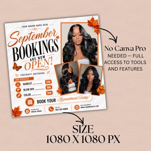 September Booking Flyer, September Books Open, Fall SZN, Wig hair, Install, Lash Nail Braids, , Editable Canva Fall Booking Flyer, Canva Text