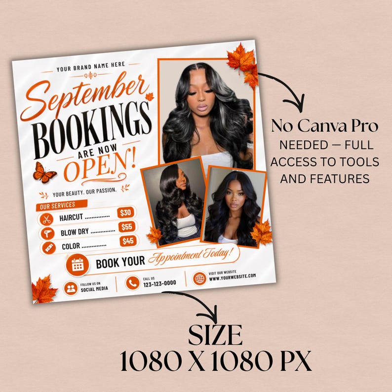 September Booking Flyer, September Books Open, Fall SZN, Wig hair, Install, Lash Nail Braids, , Editable Canva Fall Booking Flyer, Canva Text