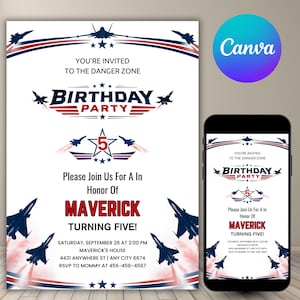 Redigerbar Top Gun-födelsedagsinbjudan, Danger Zone-tema, flygplansfestinbjudan, 5-årsdag, Canva-mall, omedelbar digital nedladdning