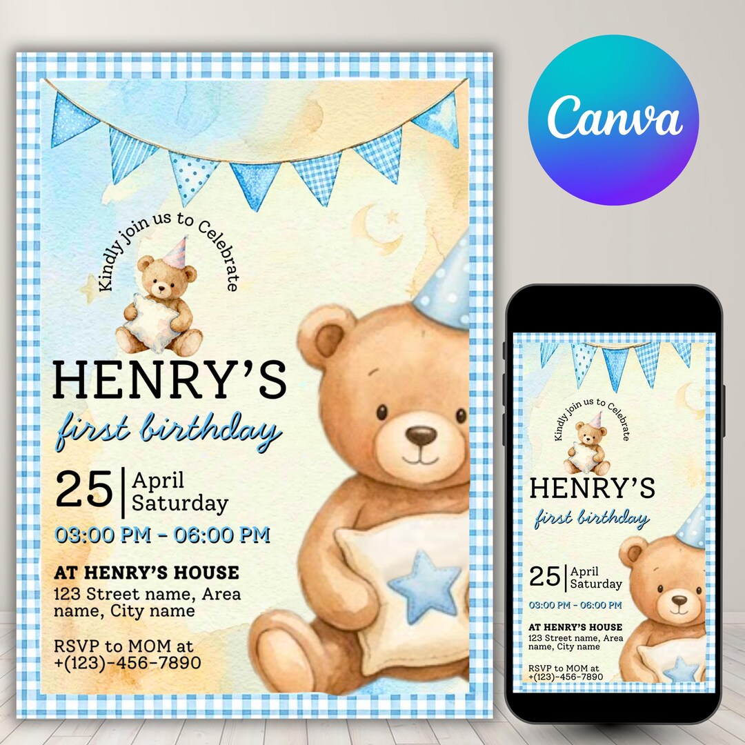 Teddy Bear First Birthday Invitation, Baby Boy 1st Birthday Invite ...