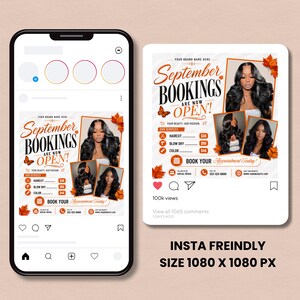 September Booking Flyer, September Books Open, Fall SZN, Wig hair, Install, Lash Nail Braids, , Editable Canva Fall Booking Flyer, Canva Text