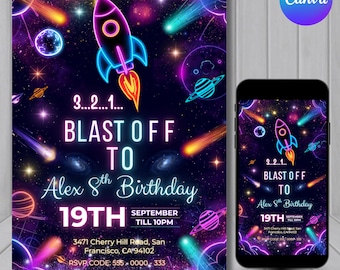 Invitación de cumpleaños espacial neón, invitación con temática galáctica, invitación de cumpleaños de astronauta, cohete espacial, Canva editable