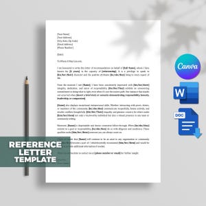 May include: A white letter template with a teal banner reading "REFERENCE LETTER TEMPLATE." The document includes placeholders for personal details and a recommendation letter. Canva, Word, and DOC icons are in the upper right.