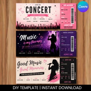 Op de afbeelding: Concertticket templates in roze, paars en beige, met silhouetten van zangers en concertdetails. Tekst bevat "Live in Concert", "Music is my therapy" en "Good Music, Great Memories". De tickets zijn gelabeld "DIY TEMPLATE | INSTANT DOWNLOAD."