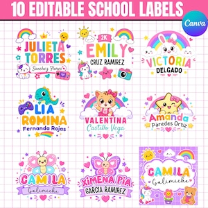 Puede incluir: Un conjunto de diez etiquetas escolares editables con gráficos coloridos de dibujos animados que incluyen arcoíris, unicornios, gatitos, mariposas y estrellas. Cada etiqueta muestra un nombre único y elementos decorativos sobre un fondo de cuadrícula.