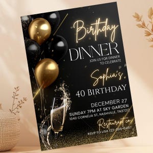 "Elegant black and gold birthday dinner invitation template, featuring a classy design with a luxurious feel, perfect for a formal celebration."