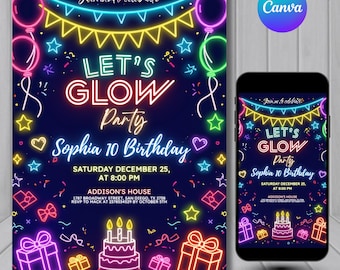 Invitación de cumpleaños Let's Glow, invitación de cumpleaños para fiesta Glow, plantilla para niños con luces de neón que brillan, invitación Glow Crazy, plantilla editable de Canva.
