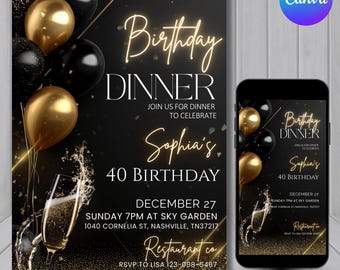 Elegant Black and Gold Birthday Dinner Invitation Template – Perfect for Formal Celebration, Easy to Customize in Canva for Your Special Day