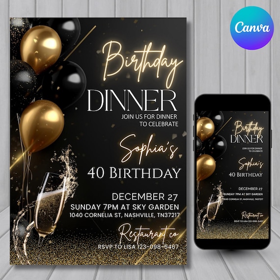Elegant Black and Gold Birthday Dinner Invitation Template – Perfect for Formal Celebration, Easy to Customize in Canva for Your Special Day