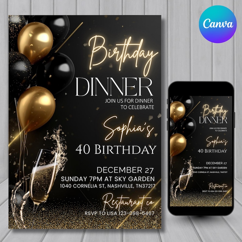 "Elegant black and gold birthday dinner invitation template, featuring a classy design with a luxurious feel, perfect for a formal celebration."