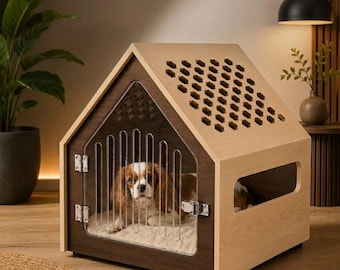 Moderna hundbursmöbler i trä för inomhusbruk – Minimalistiskt husdjurshus med akryldörr och ventilerat tak | Hundkoja i skandinavisk stil
