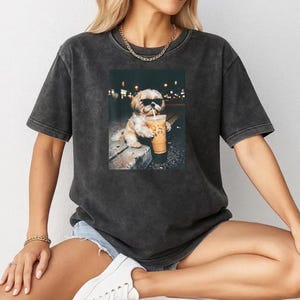 Shih Tzu Drinking Iced Coffee Funny Animal Meme Men Women T-Shirt