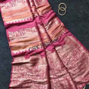 Khadi krepa jedwabna Paithani Sari, tkactwo Zari, motyw pawia, ręcznie farbowana świąteczna sari zdjęcie 2