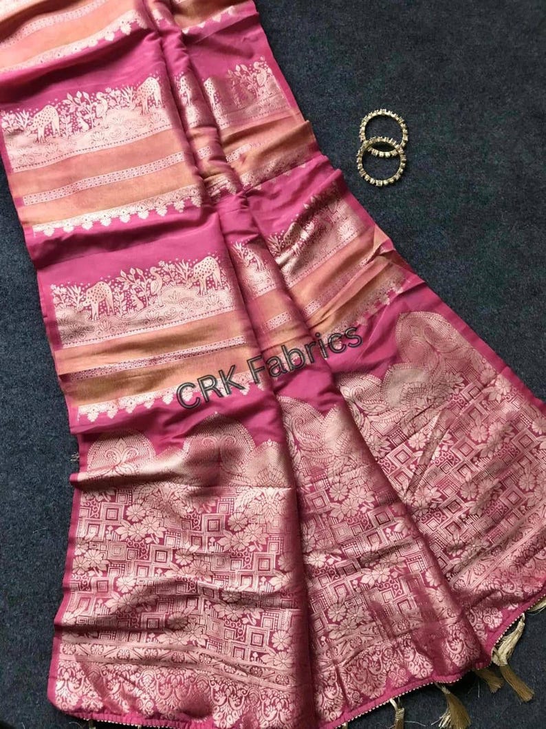 Khadi krepa jedwabna Paithani Sari, tkactwo Zari, motyw pawia, ręcznie farbowana świąteczna sari zdjęcie 2