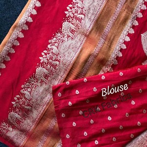 Khadi krepa jedwabna Paithani Sari, tkactwo Zari, motyw pawia, ręcznie farbowana świąteczna sari Czerwony