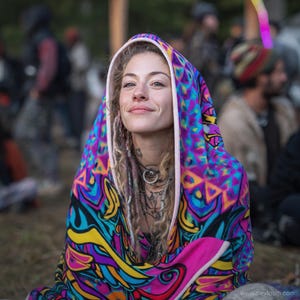 Op de afbeelding: Een capuchondeken met een levendig, psychedelisch patroon in paars, blauw, geel en roze. De deken is om een persoon gewikkeld, met de capuchon omhoog. Het ontwerp bevat geometrische vormen en wervelende lijnen, waardoor een kleurrijke stof ontstaat.