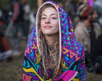 Radiant Bloom Afterglow Cloak Hooded Blanket – Neon Trippy Psychedelic Wear, Sherpa Fleece Lined Rave Clothing, Plus Size Festival Clothes,