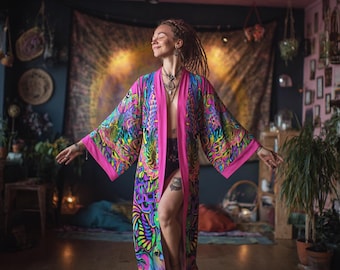 Radiant Bloom Satin MoonFlow Long Kimono Robe - Trippy Clothing Festival Kimono, Hippie Fashion Rave Apparel, Neon Burning Man Clothing