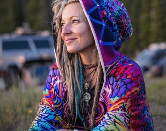 Inner Flight Afterglow Cloak Hooded Blanket – Sherpa Fleece Lined Sacred Geometry Hippie Garb, Trippy EDM Sacred Geometry Festival Poncho
