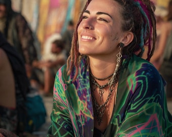 Emerald StarGate Waylight Satin Scarf - Burning Man Festival Cover Up, Festival Accessories, Hippie Fractal Shamanic Rave Pashmina
