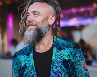 Emerald StarGate Wayfarer Mens Blazer - 100% Cotton Festival Jacket Men, Plus Size Burning Man Rave Outfit Men, Sacred Geometry Clothing Men