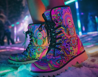 Radiant Bloom Driftwalker Womens Winter Boots Electric Pink - Neon Trippy Psychedelic Festival Boots, Third Eye Mandala Hippie Apparel