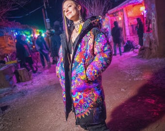 Inner Flight Nomad Coat - Long Puffer Jacket, Psychedelic Plus Size Festival Jacket, Goa Fractal Hippie Garb, Burning Man Festival Rave Coat