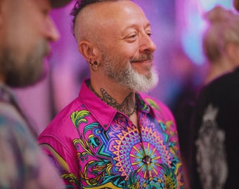 Radiant Bloom InnerLight Mens Button Up Shirt in 100% Cotton - Psychedelic Trippy Hippie Attire, All Seeing Eye Goa Burning Man Clothing Men