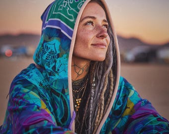 Emerald StarGate Afterglow Cloak Hooded Blanket – Sherpa Fleece Lined Sacred Ceremonial Rave Festival Wear, Yoga Hippie Shaman Fashion Wear