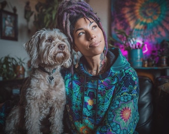 100% Cotton Emerald Stargate Sanctum Hoodie – Sacred Geometry Psychedelic Festival Hoodie, Plus size Hippie Wear, Burning Man Mandala Hood