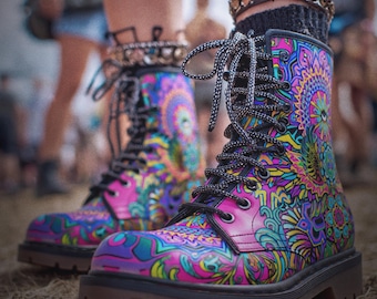 Botas Radiant Bloom Spirit – Botas de combate para mujer (piel vegana) - Botas psicodélicas para raves, botas para festivales psicodélicos, atuendo hippie para Burning Man