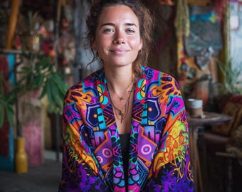 Inner Flight Geometric Ritual Shawl Wrap - Psychedelic Ritual Wear, Trippy Festival Cover Up, Ladies Rave Clothes Hippie Garb
