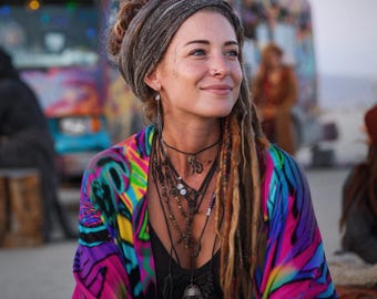 Radiant Bloom Waylight Satin Scarf - Trippy Hippie Clothing Women, Psychedelic Hippie Rave Pashmina, Burning Man Psy Clothing