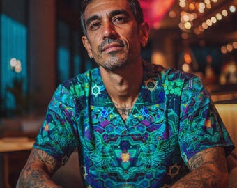 Emerald StarGate Cotton Island Flow Shirt - Burning Man Festival Outfit, Plus Size Festival Hippie Shirt, Sacred Geometry Rave Shirt Mens