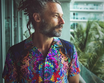 Inner Flight 100% Cotton Island Flow Shirt - Visionary Art Hippie Shirt, Burning Man Rave Shirt, Rave and Festival Outfit for Men