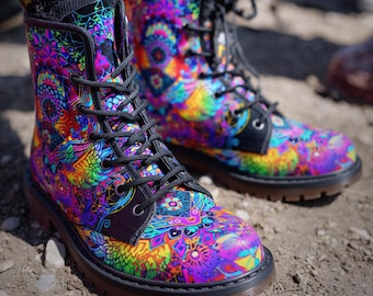 Inner Flight Spirit Boots – Men’s Combat Boots (Vegan Leather) – Psychedelic Fractal Hippie Clothes - Hippy Style Festival Boots Men