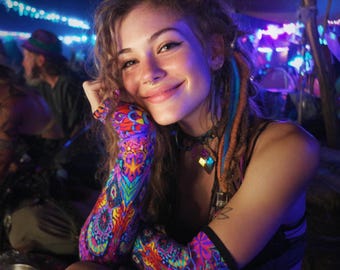 Inner Flight AuraSleeve Gloves – Fingerless Arm Warmers - Fractal Psytrance Rave Accessories, Plus Size Rave Outfit Goa Pixie Clothing