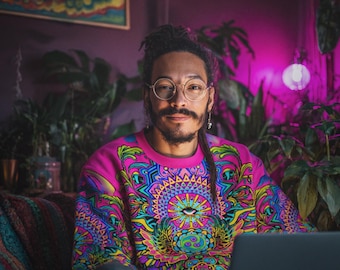 Radiant Bloom Stillpoint Sweatshirt – 100% Cotton Psychedelic Mandala Neon Outfit, Plus Size Rave Outfit, Sacred Geometry Hippie Shirt